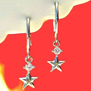 925 STERLING SILVER STAR CRYSTAL DIAMOND ZIRCON CZ DANGLE HUGGIE STYLE HOOPS☆NEW